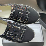 Women's Black & White Tweed Metallic Thread Braided Straw Fisherman Sandals |G29762