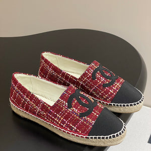 Women's Red Tweed Flat Shoes with Black Toe Cap and Straw Trim| G29762 X56179