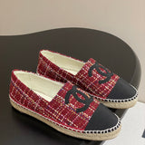 Women's Red Tweed Flat Shoes with Black Toe Cap and Straw Trim| G29762 X56179