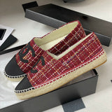 Women's Red Tweed Flat Shoes with Black Toe Cap and Straw Trim| G29762 X56179