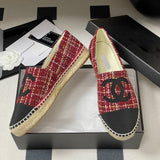 Women's Red Tweed Flat Shoes with Black Toe Cap and Straw Trim| G29762 X56179