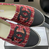 Women's Red Tweed Flat Shoes with Black Toe Cap and Straw Trim| G29762 X56179