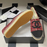 Women's Red Tweed Flat Shoes with Black Toe Cap and Straw Trim| G29762 X56179