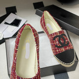 Women's Red Tweed Flat Shoes with Black Toe Cap and Straw Trim| G29762 X56179