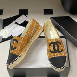 Women's Yellow & Black Tweed Double C Logo Straw Fisherman Sandals| G29762 X56179 K2958