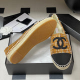 Women's Yellow & Black Tweed Double C Logo Straw Fisherman Sandals| G29762 X56179 K2958