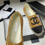 Women's Yellow & Black Tweed Double C Logo Straw Fisherman Sandals| G29762 X56179 K2958