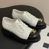 Women's Diamond-Quilted Lace-Up Derby/Oxford Shoes in Black & White Colorblock Sheepskin or Cowhide |G41031