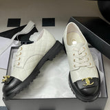 Women's Diamond-Quilted Lace-Up Derby/Oxford Shoes in Black & White Colorblock Sheepskin or Cowhide |G41031