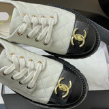Women's Diamond-Quilted Lace-Up Derby/Oxford Shoes in Black & White Colorblock Sheepskin or Cowhide |G41031