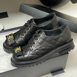 Women's Black Diamond Quilted Chunky-Soled Lace-Up Derby/Loafer |G46973