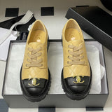 Women's Beige and Black Calfskin Color-Block Quilted Low-Top Derby Shoe| G46874