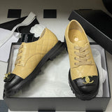 Women's Beige and Black Calfskin Color-Block Quilted Low-Top Derby Shoe| G46874