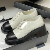 Women's Early Spring Collection Black & White Sheepskin and Patent Leather Color-Blocked Diamond-Quilted Chunky-Sole Derby/Oxford Shoes |G46252
