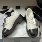 Women's Early Spring Collection Black & White Sheepskin and Patent Leather Color-Blocked Diamond-Quilted Chunky-Sole Derby/Oxford Shoes |G46252
