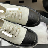 Women's Early Spring Collection Black & White Sheepskin and Patent Leather Color-Blocked Diamond-Quilted Chunky-Sole Derby/Oxford Shoes |G46252