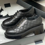 Women's Black Quilted Calfskin Chunky-Soled Lace-Up Loafers/Derbies |G45921