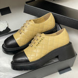 Women's Beige and Black Cowhide or Lambskin Two-Tone Diamond Quilted Lace-Up Derby Shoe |G38446