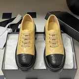 Women's Beige and Black Cowhide or Lambskin Two-Tone Diamond Quilted Lace-Up Derby Shoe |G38446