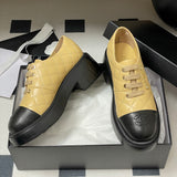 Women's Beige and Black Cowhide or Lambskin Two-Tone Diamond Quilted Lace-Up Derby Shoe |G38446