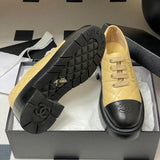 Women's Beige and Black Cowhide or Lambskin Two-Tone Diamond Quilted Lace-Up Derby Shoe |G38446
