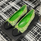 Women's Classic Ballet Flats in Green Multicolor Tweed with Black Satin Toe Cap |G02819