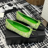 Women's Classic Ballet Flats in Green Multicolor Tweed with Black Satin Toe Cap |G02819