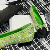 Women's Classic Ballet Flats in Green Multicolor Tweed with Black Satin Toe Cap |G02819