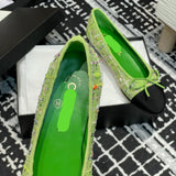 Women's Classic Ballet Flats in Green Multicolor Tweed with Black Satin Toe Cap |G02819