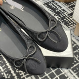Women's Classic Ballet Flats with Sequins on Black Tweed or Mesh Fabric |G02819