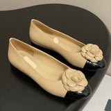 Women's Beige Leather Camellia Color-Block Ballet Flats |G45494