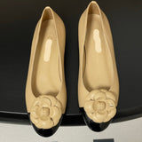 Women's Beige Leather Camellia Color-Block Ballet Flats |G45494