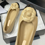 Women's Beige Leather Camellia Color-Block Ballet Flats |G45494
