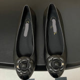 Women's Black Sheepskin and Patent Leather Camellia Flat Ballet Shoes| G02819