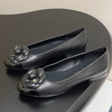Women's Black Sheepskin and Patent Leather Camellia Flat Ballet Shoes| G02819