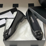 Women's Black Sheepskin and Patent Leather Camellia Flat Ballet Shoes| G02819