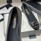Women's Black Sheepskin and Patent Leather Camellia Flat Ballet Shoes| G02819