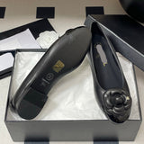 Women's Black Sheepskin and Patent Leather Camellia Flat Ballet Shoes| G02819