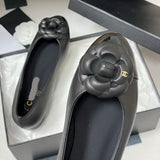 Women's Black Sheepskin and Patent Leather Camellia Flat Ballet Shoes| G02819