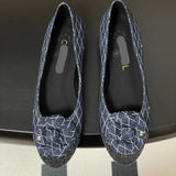Women's Spring/Summer 2025 Collection Navy Blue and Dark Gray Diamond-Quilted Denim Ballet Flats |G26250