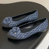 Women's Spring/Summer 2025 Collection Navy Blue and Dark Gray Diamond-Quilted Denim Ballet Flats |G26250