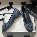 Women's Spring/Summer 2025 Collection Navy Blue and Dark Gray Diamond-Quilted Denim Ballet Flats |G26250
