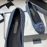 Women's Spring/Summer 2025 Collection Navy Blue and Dark Gray Diamond-Quilted Denim Ballet Flats |G26250