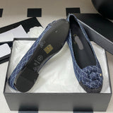 Women's Spring/Summer 2025 Collection Navy Blue and Dark Gray Diamond-Quilted Denim Ballet Flats |G26250