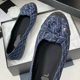Women's Spring/Summer 2025 Collection Navy Blue and Dark Gray Diamond-Quilted Denim Ballet Flats |G26250
