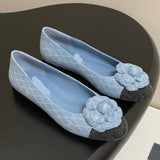 Women's Blue Quilted Embroidered Denim Camellia Ballet Flats |G02819