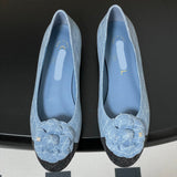 Women's Blue Quilted Embroidered Denim Camellia Ballet Flats |G02819