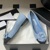 Women's Blue Quilted Embroidered Denim Camellia Ballet Flats |G02819