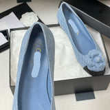 Women's Blue Quilted Embroidered Denim Camellia Ballet Flats |G02819