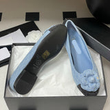Women's Blue Quilted Embroidered Denim Camellia Ballet Flats |G02819